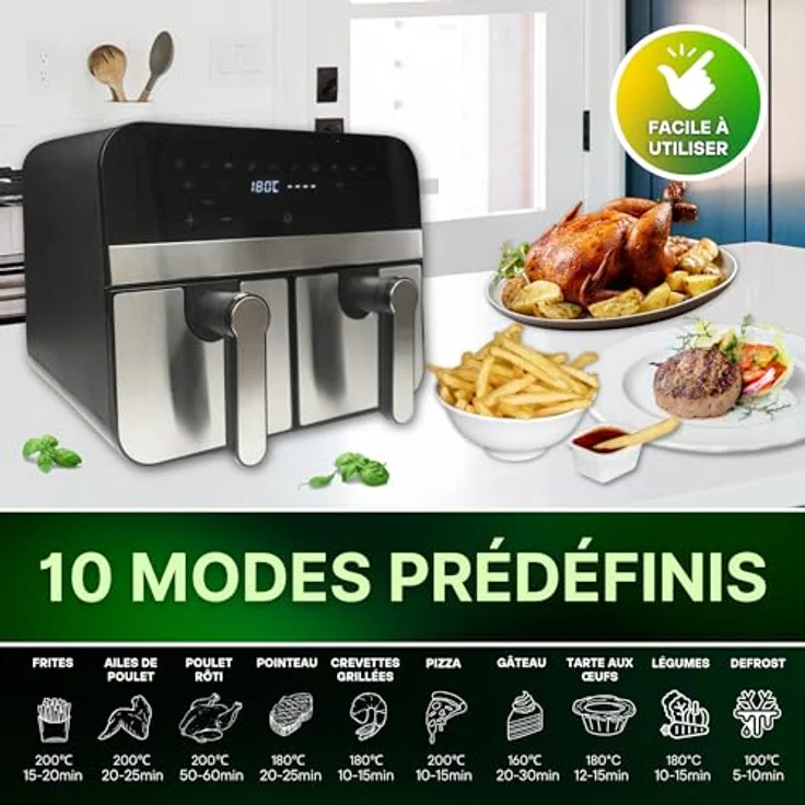 Comfy Nest CNAFD45NS digitale Doppelkorb-Luftfritteuse, 2400 W, 9 l, Edelstahl, 10 Kochfunktionen, Touch-Sensor-Steuerung, gesundes Kochen, silberfarben – Bild 4