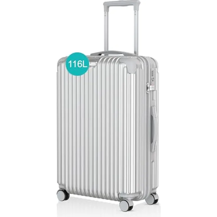 Voyagoux Hartschalenkoffer 116L, Groß mit TSA-Schloss, ABS, 4x 360° Rollen, Silber, 76x48x30cm