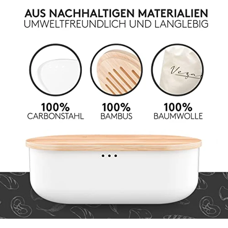 Vezato Brotbox – Nachhaltiger Brotkasten für lange Frische – Extra großer Brotkorb mit Bambusdeckel & Schneidebrett – Nachhaltiger Brotbehälter inkl. Brotsack – Bild 4