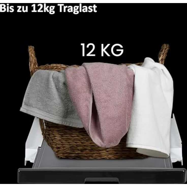 Haier Premium Verbindungsrahmen für Waschmaschinen & Trockner/Schwarz-weiß/Ausziehfläche für Wäschekorb/12 kg Belastbarkeit/Sicherheitsgurt/Wandbefestigung/Passend für Haier Serien 3, 5, 7 & Trockner Serien 5, 7 – Bild 4