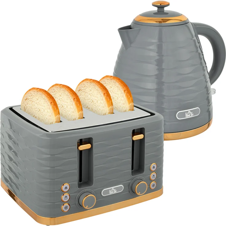 HOMCOM Toaster Wasserkocher- und Toaster-Sets Schnellkochkesse, 4 Schlitze, für 4 Scheiben, 3000 W, Auftau-, Aufwärm- und Krümelschublade, Otter-Thermostat, Grau – Bild 1