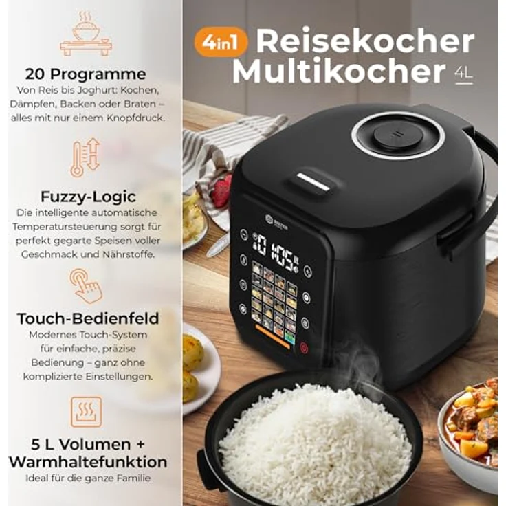 Balter MK-02, 4L Reiskocher Multikocher mit Fuzzy-Logic, Dampfgarer & Slow Cooker, Timer und Warmhaltefunktion, inkl. Premium Topf, Zubehör & Rezeptbuch – Bild 2