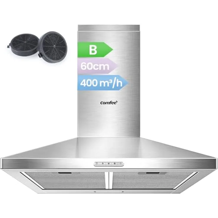 COMFEE' Dunstabzugshaube PYRA17SS-60, 60 cm Edelstahl mit 320 m³/h Saugleistung, LED-Beleuchtung, Rücklaufsystem und Kohlefilter