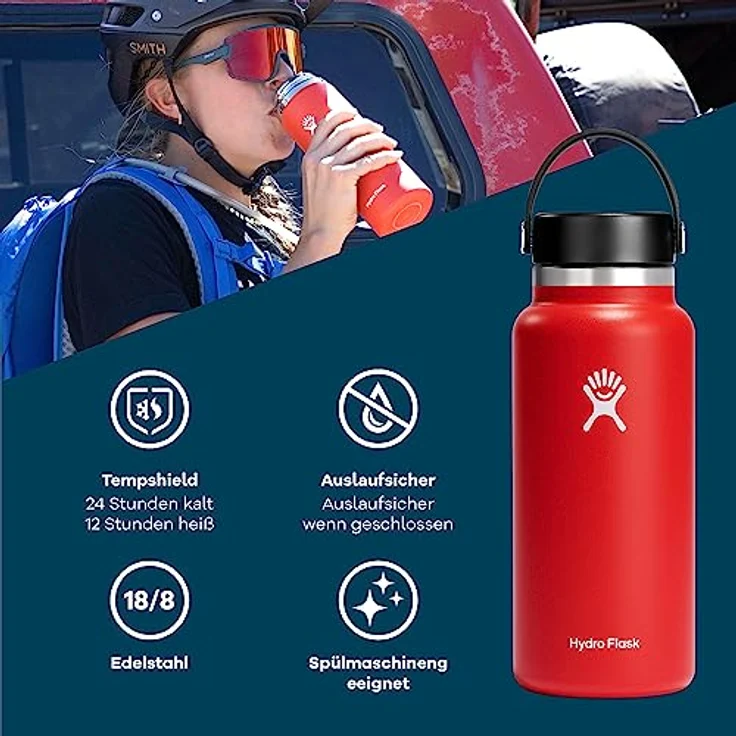 HYDRO FLASK - Trinkflasche 946ml (32oz) - Isolierte Wasserflasche aus Edelstahl - Sportflasche mit auslaufsicherem Flex Cap-Deckel & Gurt - Thermoflasche Spülmaschinenfest - Größe Öffnung - Agave – Bild 2