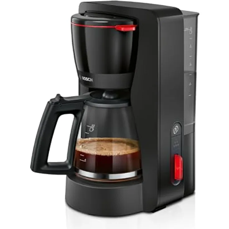 Bosch Filterkaffeemaschine MyMoment TKA3M133, Glaskanne 1,25 L, für 10-15 Tassen, 60min Warmhaltefunktion, Tropfstopp, schwenkbarer Filterträger, Entkalkungsprogramm, 1200 Watt, Schwarz matt