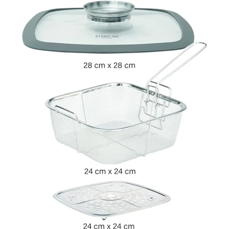STONELINE Multi-Eckpfanne, 28 x 28 cm, Aluguss, Antihaftbeschichtung mit echten Steinpartikeln, grau, induktionsgeeignet, mit Dampf- und Frittierfunktion – Bild 5