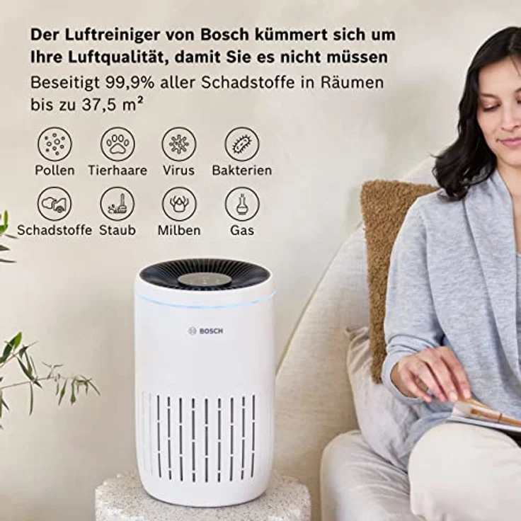 Bosch Air 2000, Luftreiniger für bis zu 37,5 m² entfernt 99,9% aller Verschmutzungen, 3in1 Filter inkl. HEPA13 Luftfilter, mit Smart Sensor, Ruhe-Modus (25 dB (A)), Allergiker-geeignet, CADR 180m³/h – Bild 2
