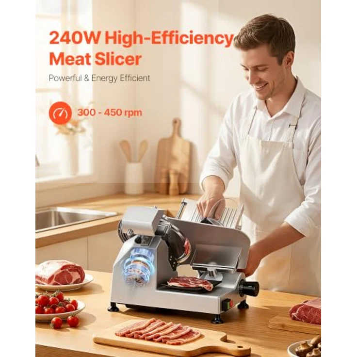 VEVOR Elektrische Aufschnittmaschine 250 mm, 240 W Allesschneider mit integriertem Schärfer und 0-12 mm Schnittstärke für gefrorenes Fleisch und Schinken – Bild 2
