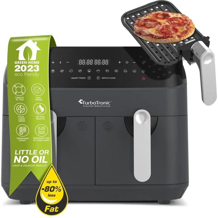 TurboTronic by Z-Line Heißluftfritteuse XXL Doppelkammer 2x 4,5 Liter, 1600 W, digitaler Airfryer Fettfrei, Power, dual, Camping, in Schwarz - Preisvergleich