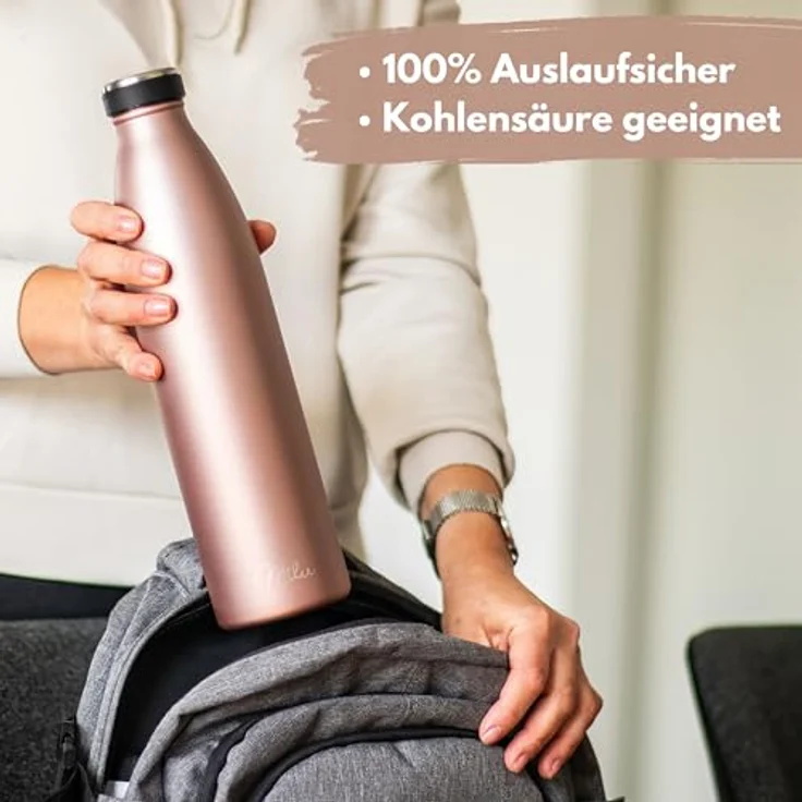 Milu Edelstahl Trinkflasche 750ml, doppelwandige Isolierflasche in Rose Gold, auslaufsicher und kohlensäuregeeignet – inkl. Reinigungsbürste – Bild 3