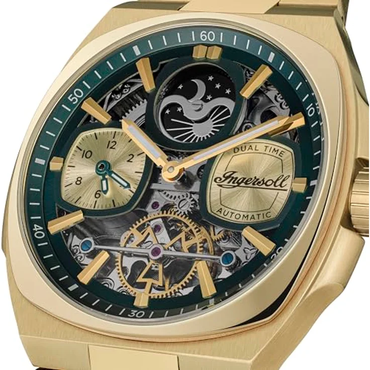 Ingersoll The Spirit Herrenuhr 46.7 mm Automatikuhr mit Grün Ziffernblatt und goldfarbenem Edelstahlarmband, Leuchtzeiger, kleine Sekundenanzeige – Bild 3