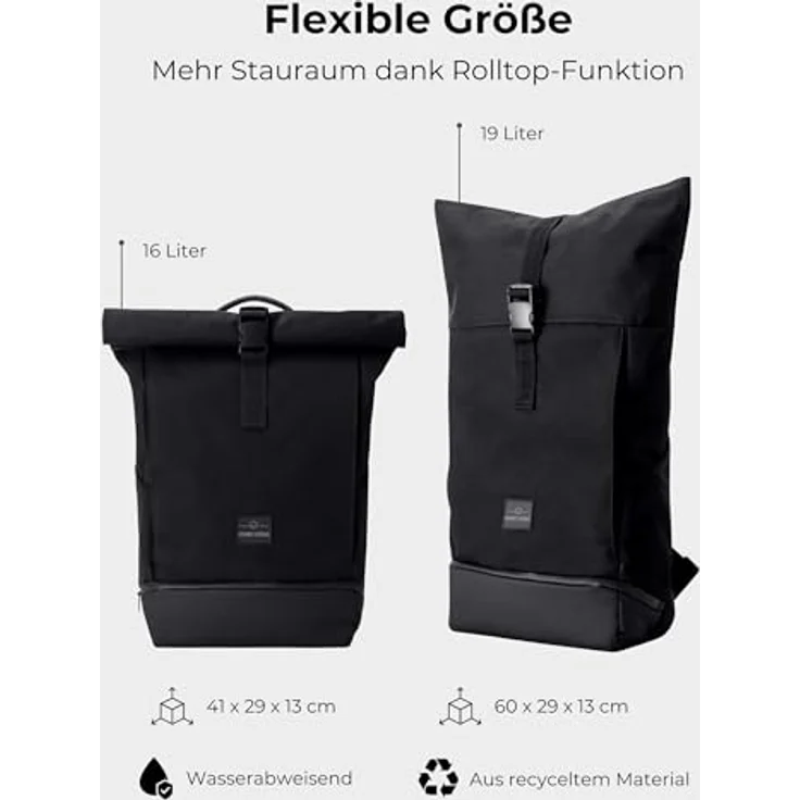 Johnny Urban Cityrucksack Allen Medium, Rolltop Damen Herren, Laptop Fach (1-tlg), Wasserabweisend, Schwarz – Bild 3