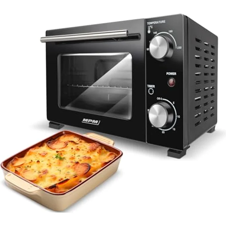 MPM MPE-13 Mini-Backofen, freistehend mit 10 L Volumen, Ober- und Unterhitze, 4-stufige Temperaturregelung 90-230°C, schwarz, inkl. Backblech und Gitterrost – Bild 1