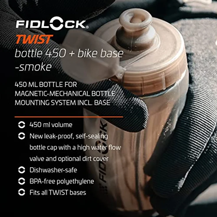 Fidlock TWIST Bottle 450 + Bike Base Set, 450 ml Trinkflasche mit selbstschließender Membran, transparent schwarz – Bild 3