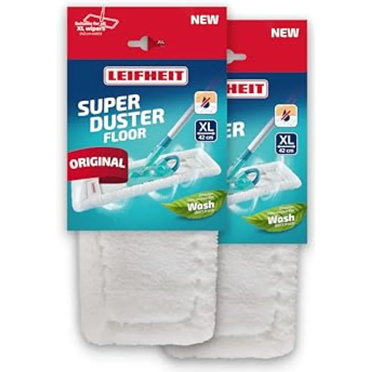Leifheit SUPERDUSTER Floor XL, 2er Set waschbare Mikrofaser-Staubbezüge für Fliesen, Laminat und Parkett, allergenfrei, wiederverwendbar bis 100 Mal