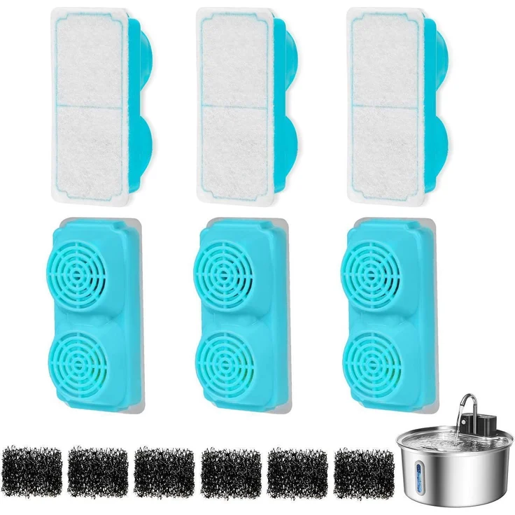 Vindox Katzenbrunnen Filter Ersatzset 12 Stück (6 Aktivfilter + 6 Schwämme), kompatibel mit 3.2L Edelstahlbrunnen, zur mehrfachen Filtration und Wasserenthärtung