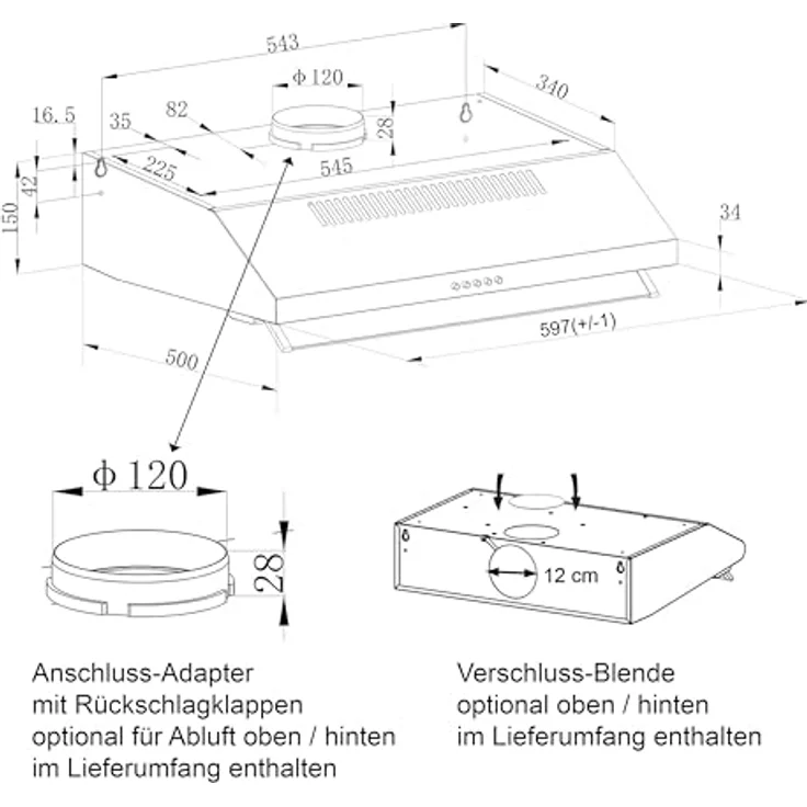 NEG NEG15-ATRW, Motorhaube, Standard, Breite: 60 cm, Tiefe: 50 cm, Absaugung und Rückführung (mit zusätzlichem Rückführungsset), weiß – Bild 9