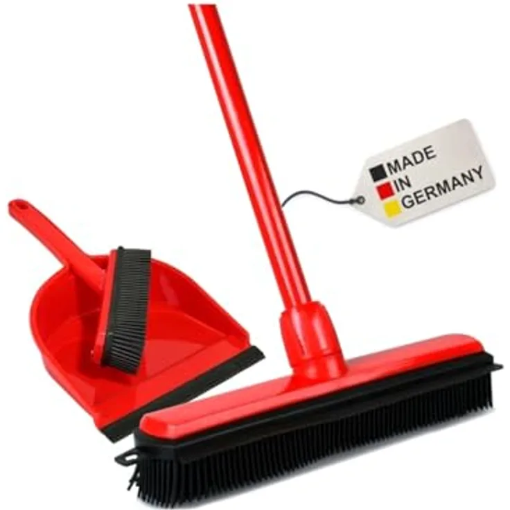 BawiTec Gummibesen Set, 3-teilig mit Teleskopstiel (80-140cm), ideal für Tierhaare und Flusen auf glatten Böden, inkl. Handfeger und Kehrschaufel, hergestellt in Deutschland