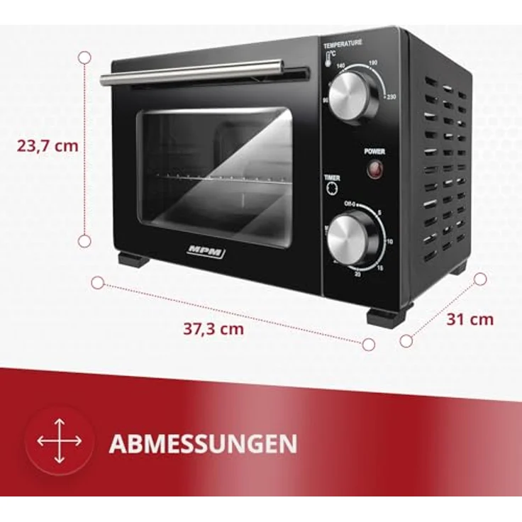 MPM MPE-13 Mini-Backofen, freistehend mit 10 L Volumen, Ober- und Unterhitze, 4-stufige Temperaturregelung 90-230°C, schwarz, inkl. Backblech und Gitterrost – Bild 2