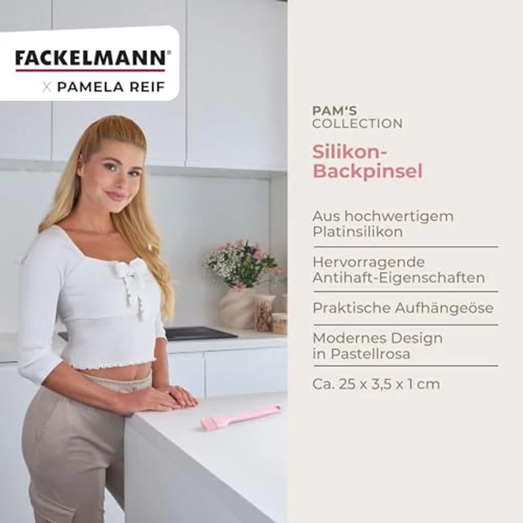FACKELMANN x Pamela Reif Silikon-Backpinsel 25 cm, Platin Silikon in Pastell Rosa, spülmaschinengeeignet, temperaturbeständig von -40 °C bis +100 °C, Designed in Germany – Bild 3