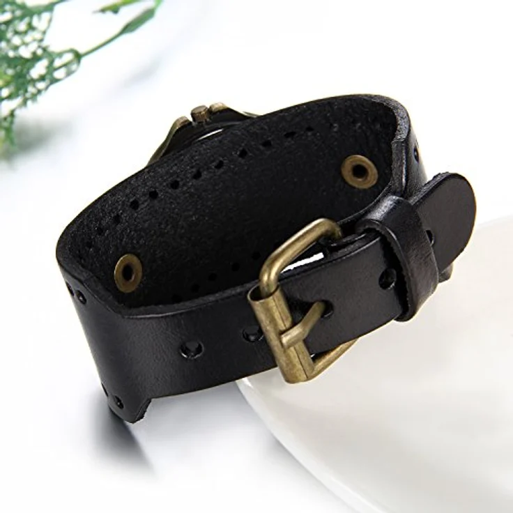JewelryWe Retro Damen Armbanduhr, Vintage Analog Quarz Uhr mit römischen Ziffern und breitem Lederarmband, Schwarz – Bild 4