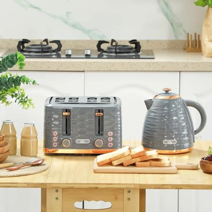 HOMCOM Toaster Wasserkocher- und Toaster-Sets Schnellkochkesse, 4 Schlitze, für 4 Scheiben, 3000 W, Auftau-, Aufwärm- und Krümelschublade, Otter-Thermostat, Grau – Bild 2