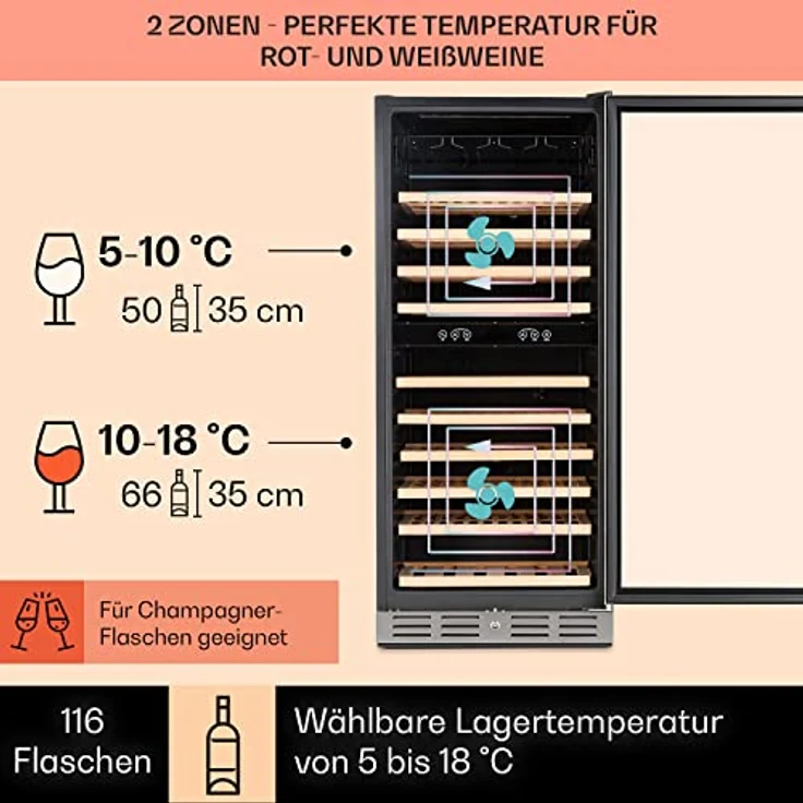Klarstein Einbau-Weinkühlschrank, 2 Zonen Getränkekühlschrank Klein, Kleiner Weinschrank 306L, Wein-Kühlschrank Klein mit Glastür, Indoor/Outdoor Flaschenkühlschrank, Wine Fridge 116 Flaschen – Bild 3
