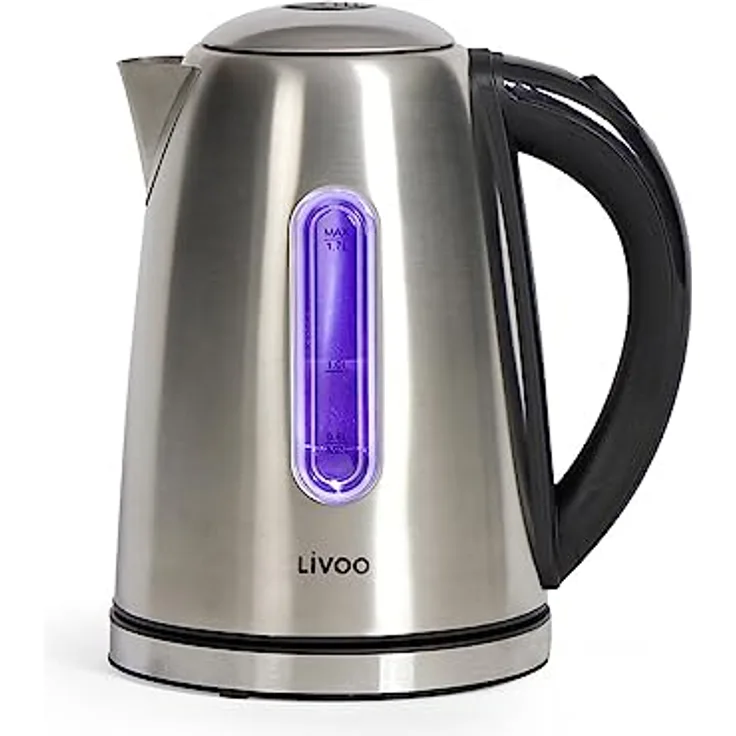 Livoo Edelstahl Wasserkocher DOD195, 1,7L, 1850-2200W, 360° drehbar, Grau, mit herausnehmbarem Kalkfilter und blauer LED-Hintergrundbeleuchtung