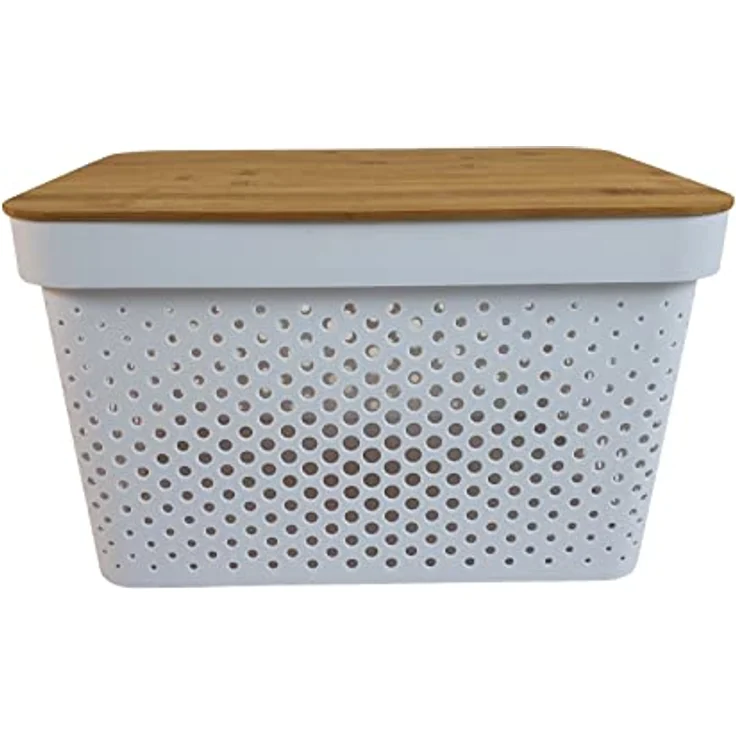 SESUA Aufbewahrungsbox 17L mit Bambusdeckel & Lochmuster schwarz weiss Kiste Ordnung Dekoration (weiss) – Bild 2