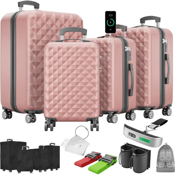 Onbest Kofferset 4er Hartschalen Trolley PREMIUM S-M-L-XL mit TSA-Schloss, USB-C Anschluss und umfangreichem Zubehör, Schwarz
