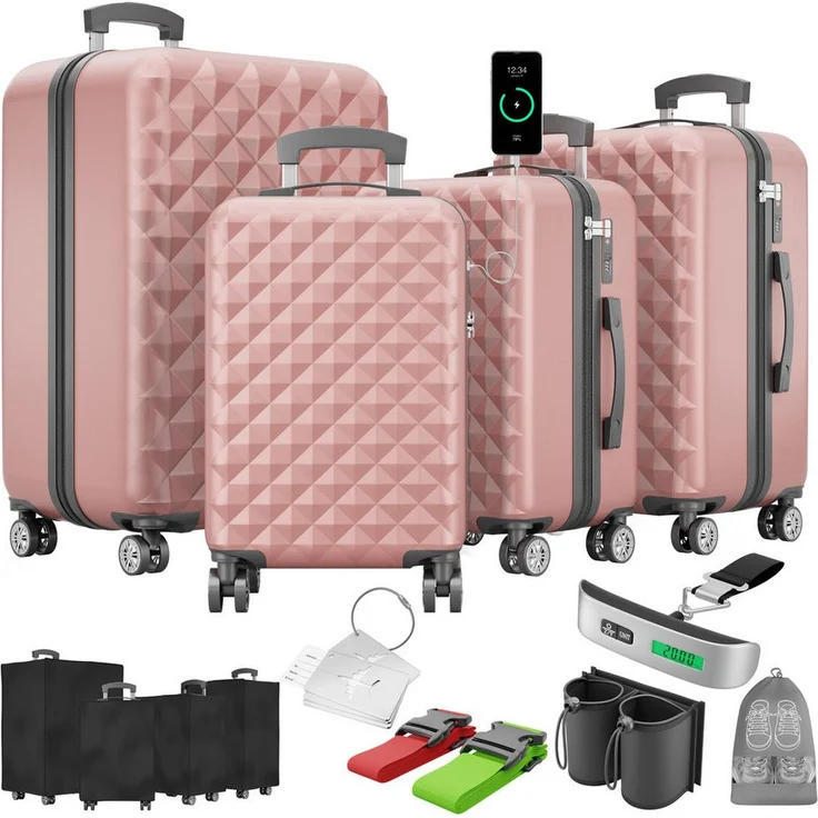 Onbest Kofferset 4er Hartschalen Trolley PREMIUM S-M-L-XL mit TSA-Schloss, USB-C Anschluss und umfangreichem Zubehör, Schwarz