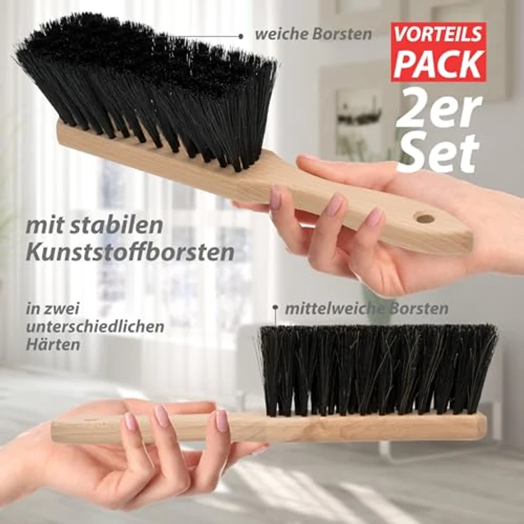 Hausfelder Handfeger Holz klein, 2er Set Handbesen mit weichen Borsten, 28 cm für Auto, Garten und Camping, Naturholz – Bild 2