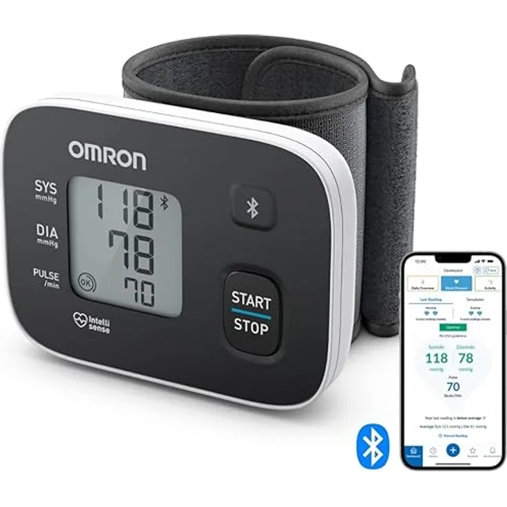 OMRON RS3 Intelli IT Handgelenk-Blutdruckmessgerät, klinisch validiert, mit kostenloser Smartphone App für iOS/Android, 13,5 – 21,5 cm Manschette, Manschettensitzkontrolle und 30 Speicherplätzen