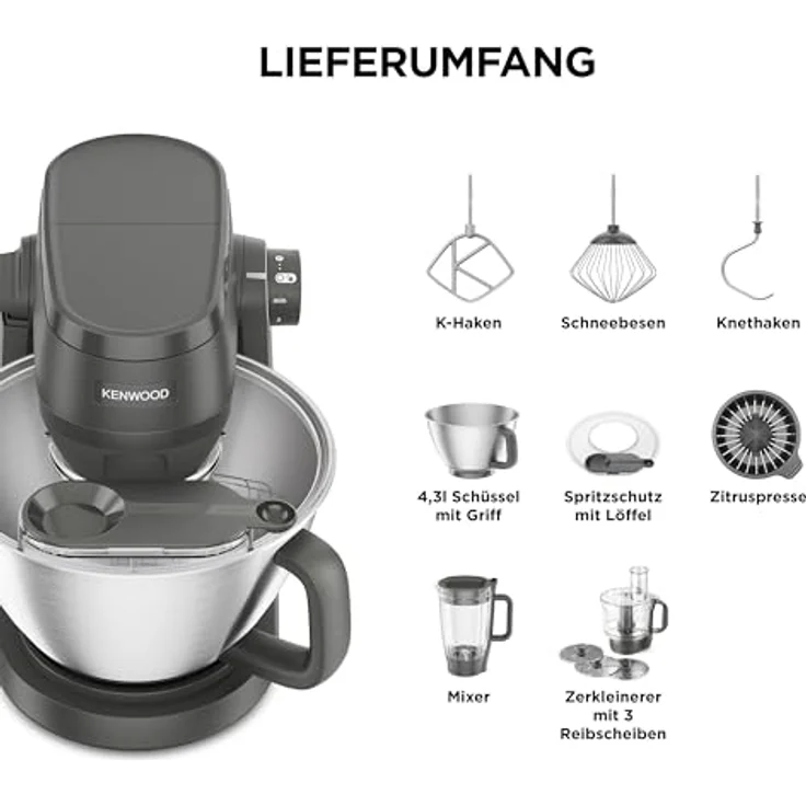 Kenwood KHC30.050GY, Küchenmaschine mit 1.000 Watt Motor, vielseitigem Zubehör und spülmaschinenfesten Teilen, grau – Bild 7