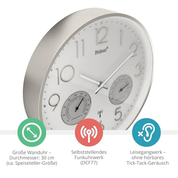 Mebus Funk-Wanduhr mit Thermo- und Hygrometer, lautlos, silberner Rahmen, weiß, Modell 12989 - Präzision und Komfort – Bild 2