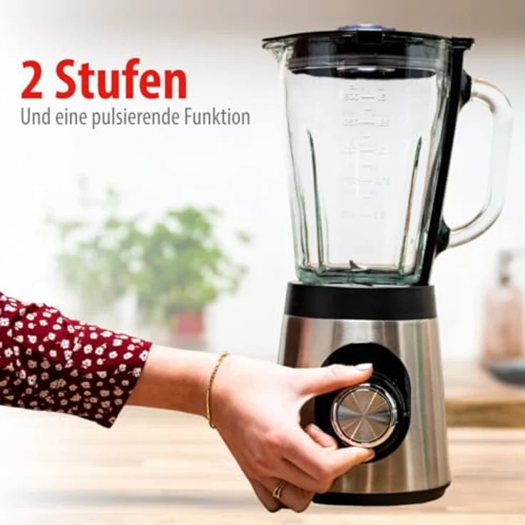 alpina Mixer 1,5L, Smoothie Maker 500W mit Glasbehälter, 2 Geschwindigkeiten, Pulsfunktion, rutschfeste Füße, schwarz-silber – Bild 5