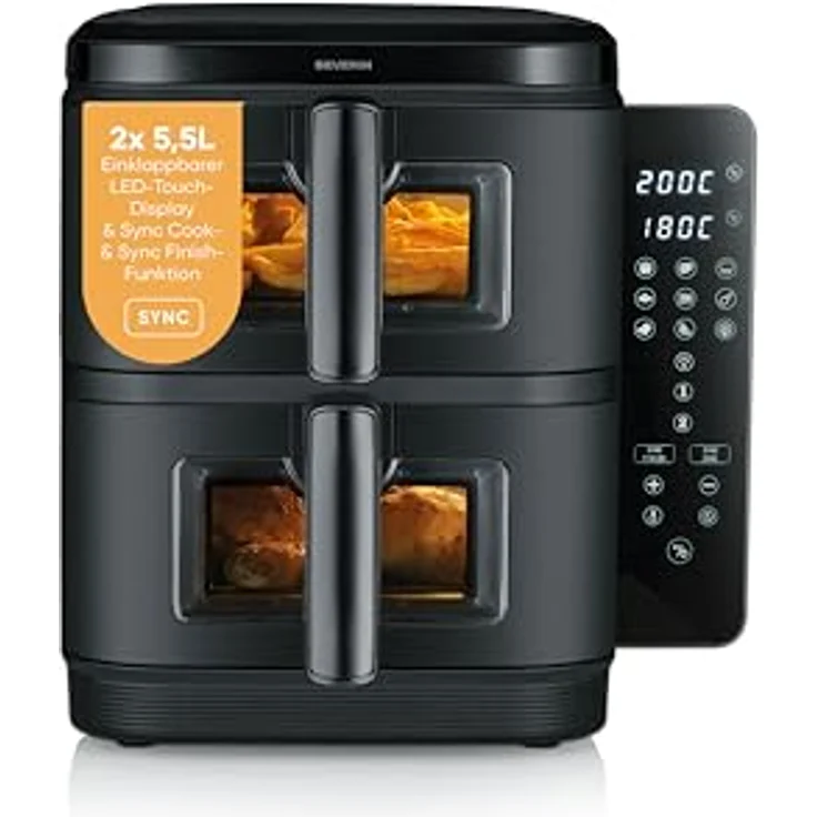 SEVERIN Severin® S-Fry Duo Stack Heißluftfritteuse FR 9598, 11 Liter, 9 Automatikprogramme, einklappbares LED-Touch-Display – Bild 2