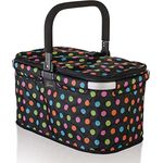 Genius A14360 Einkaufskorb Falko Premium Schwarz mit bunten Punkten | Einkaufstasche 22l groß, faltbar, mit Deckel | Tragekorb mit Aluminium-Griff für unterwegs, Schwarz-bunt