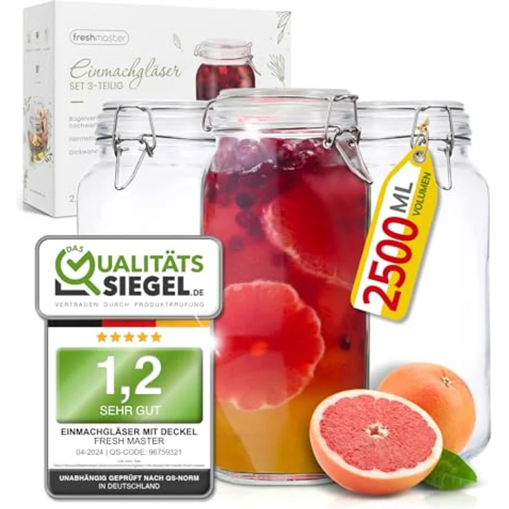 Fresh Master Einmachgläser mit Deckel - Set aus bruchsicherem Glas, Spezialdichtung und Edelstahl Bügelverschluss - Marmeladengläser Gläser Set, 3 x 2500ml – Bild 2