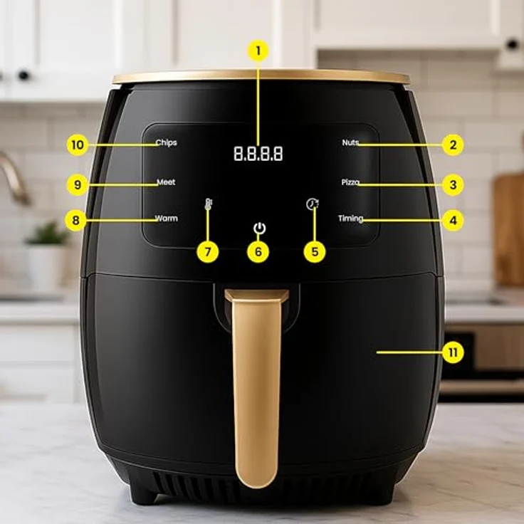Retoo Heißluftfritteuse 6L Airfryer 2400W, 6 Programme, leise, Schwarz und Gold, LCD Display, LED Touchscreen – Bild 8