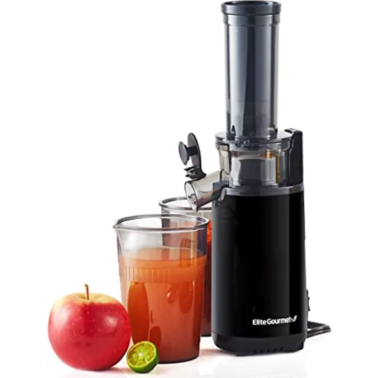 Elite Gourmet EJX600 Compact Masticating Slow Juicer, Cold Press Juice Extractor, Nutrient and Vitamin Dense, Easy to Clean, 16 oz Juice Cup, Charcoal Grey
