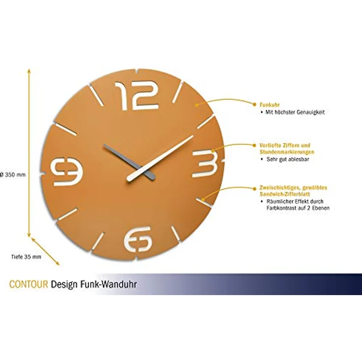 TFA Dostmann Contour Design-Funkuhr, 60.3536.07, Wanduhr mit Funk, mit Ziffern und Stundenmarkierung, gelb, Ø 350 x (H) 35 mm – Bild 3