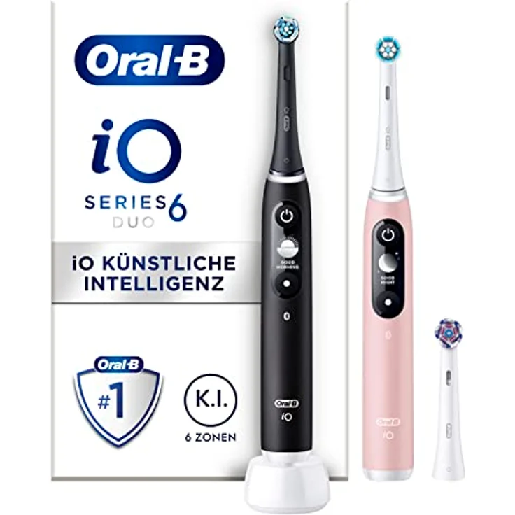 Oral-B iO Series 6 Elektrische Zahnbürste/Electric Toothbrush, Doppelpack & 3 Aufsteckbürsten, 5 Putzmodi für Zahnpflege, Magnet-Technologie, Display, Designed by Braun, black lava/pink sand – Bild 1