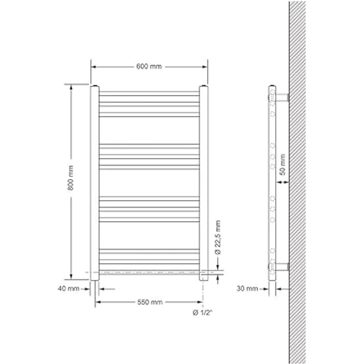 LuxeBath Badheizkörper 60 x 80 cm Weiß, Gerade Heizkörper mit Seitenanschluss und 440 Watt Wärmeleistung – Bild 2