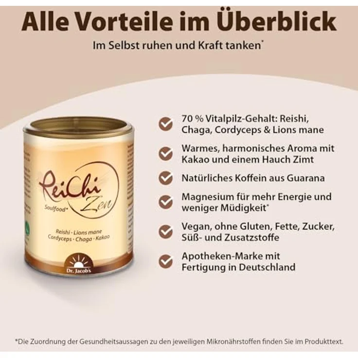 ReiChi Zen Dr.Jacob's Pulver, 150 g, veganer Pilzmix mit Reishi, Chaga, Cordyceps, Lions Mane, Guarana & Kakao ohne Zusatzstoffe & Zucker – Bild 4