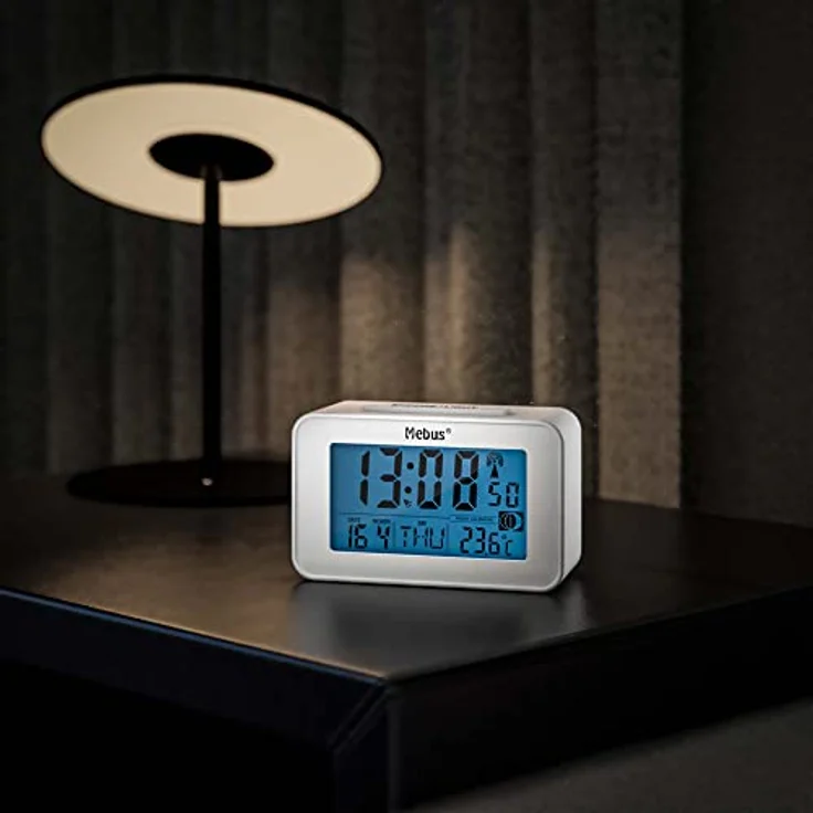 Mebus digitaler Funk-Wecker Modell 51461, Weiß mit Mondkalender, Innenthermometer, 2 Weckzeiten, Schlummer-Funktion und Hintergrundbeleuchtung – Bild 2