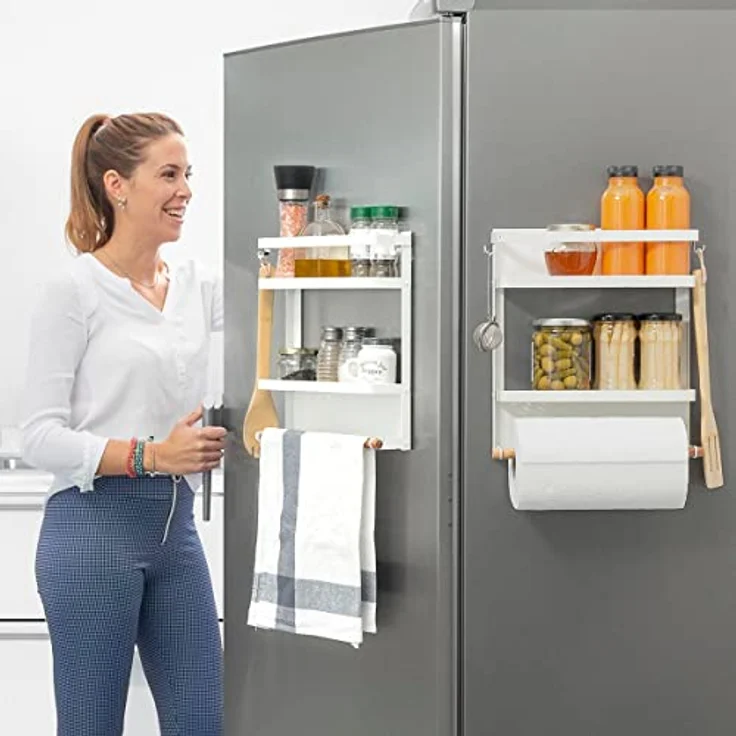 Casativo Küchenregal mit Magnetleiste, Küchen Organizer in Weiß, 2 Ablagen und 2 beweglichen Haken, einfache Montage ohne Werkzeug – Bild 1