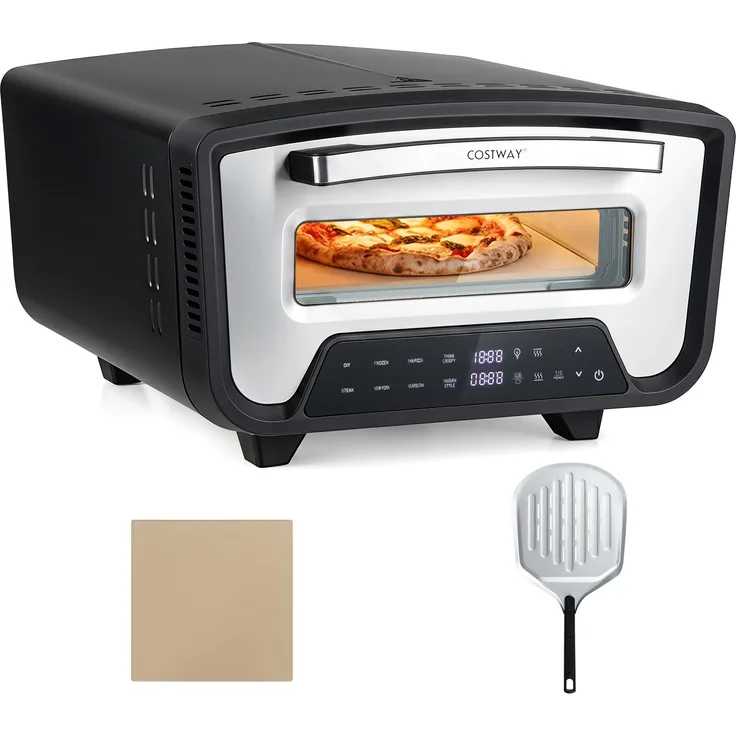 COSTWAY Elektrischer Pizzaofen 1700W für 12 Zoll Pizzen, bis 455°C in 2 Min, Indoor Pizzamaker mit 8 Programmen & Touch-Display, schwarz