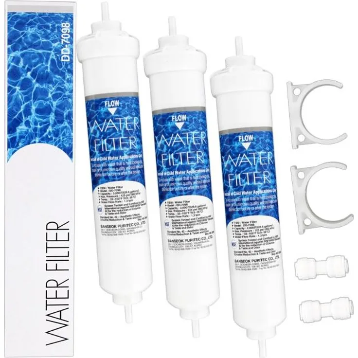 Banseok DD-7098 Wasserfilter für Bosch, Siemens, Daewoo Kühlschränke, 3er Pack mit Aktivkohle, inkl. Schlauchverbinder und Halteklammer