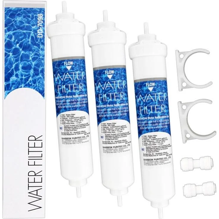 Banseok DD-7098 Wasserfilter für Bosch, Siemens, Daewoo Kühlschränke, 3er Pack mit Aktivkohle, inkl. Schlauchverbinder und Halteklammer